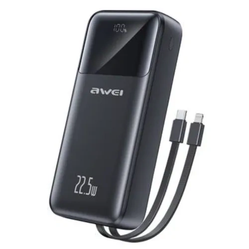 Awei P106K 10000mah 22.5W Fast Charging Black Power Bank with Type C & Lightning Cable